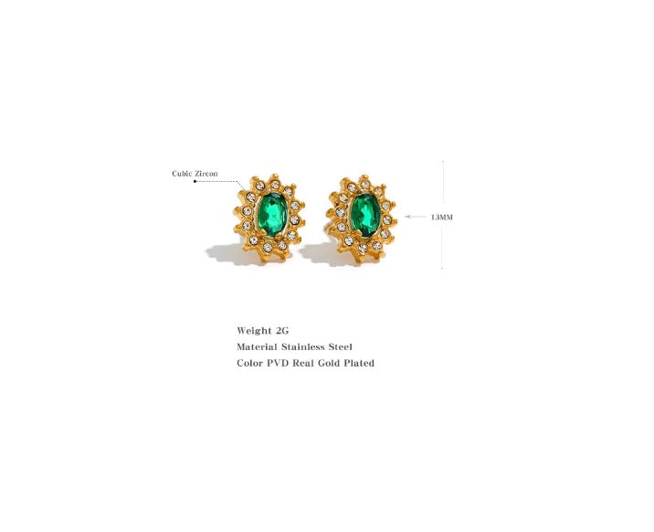 Mixed Cuts Stud Earrings - Gold Plated - With Green Cubic Zirconia