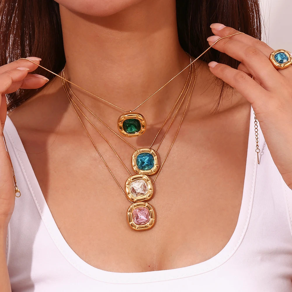 Classic Rounded Square Jewellery Set - Gift For Her With Blue Around Cubic Zirconia Stone