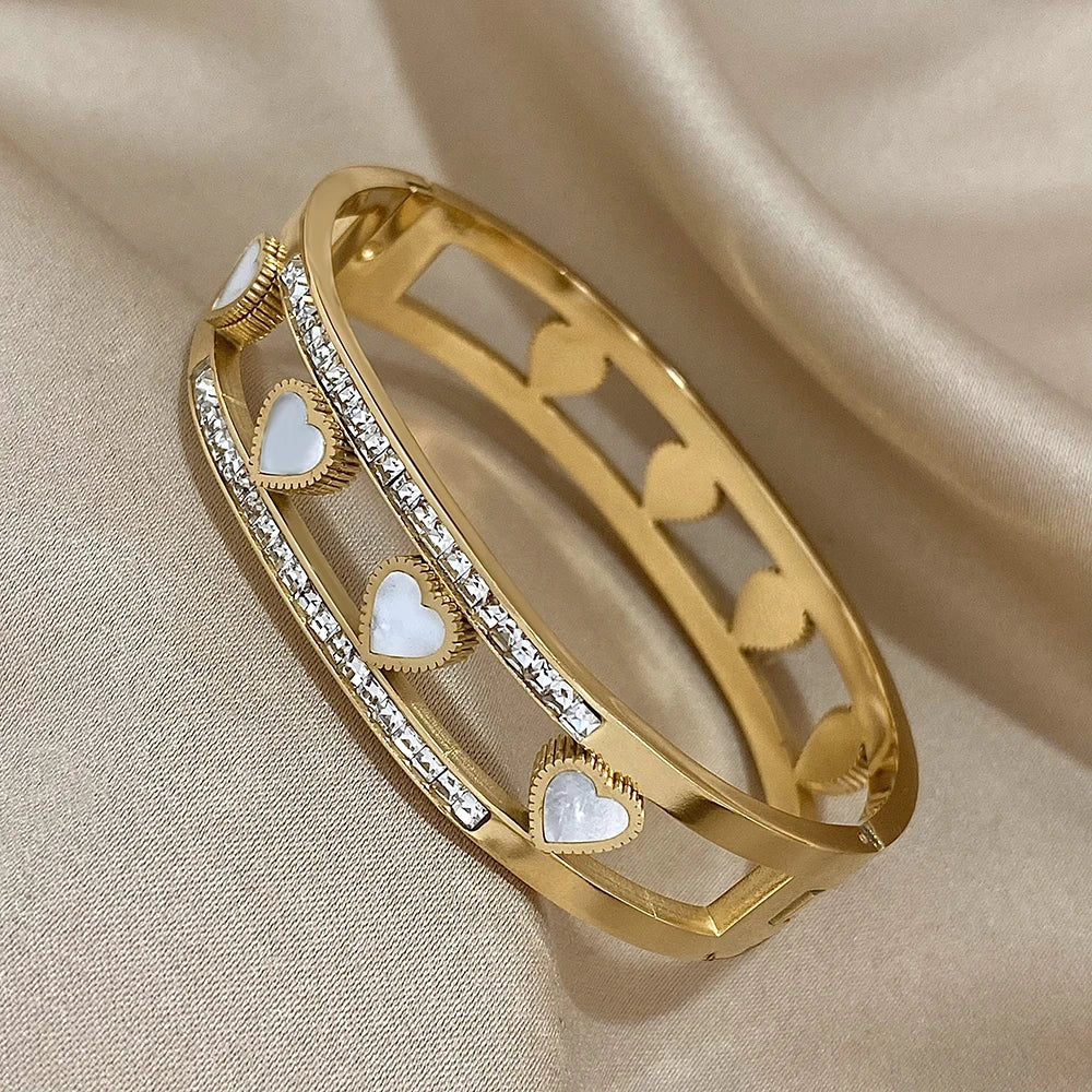 Heart Stainless Steel Yellow Gold Bracelets With Crystals