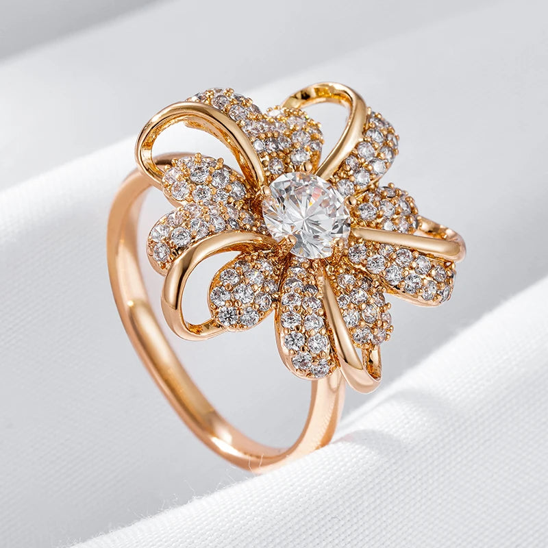 Stunning Gold Plated Crystal Flower Ring - Combined With The Brilliance Of Zirconia Stones