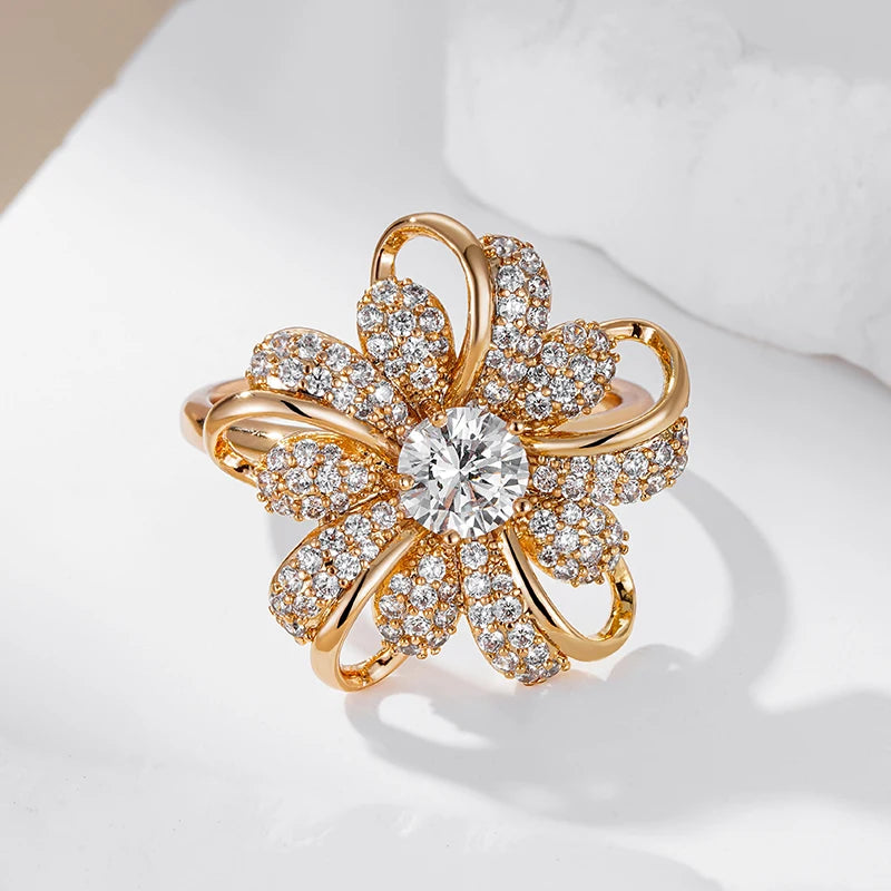 Stunning Gold Plated Crystal Flower Ring - Combined With The Brilliance Of Zirconia Stones