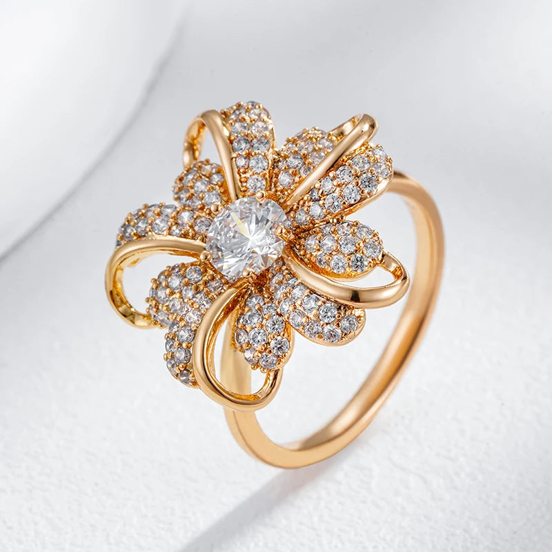 Stunning Gold Plated Crystal Flower Ring - Combined With The Brilliance Of Zirconia Stones