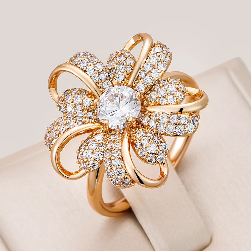 Stunning Gold Plated Crystal Flower Ring - Combined With The Brilliance Of Zirconia Stones