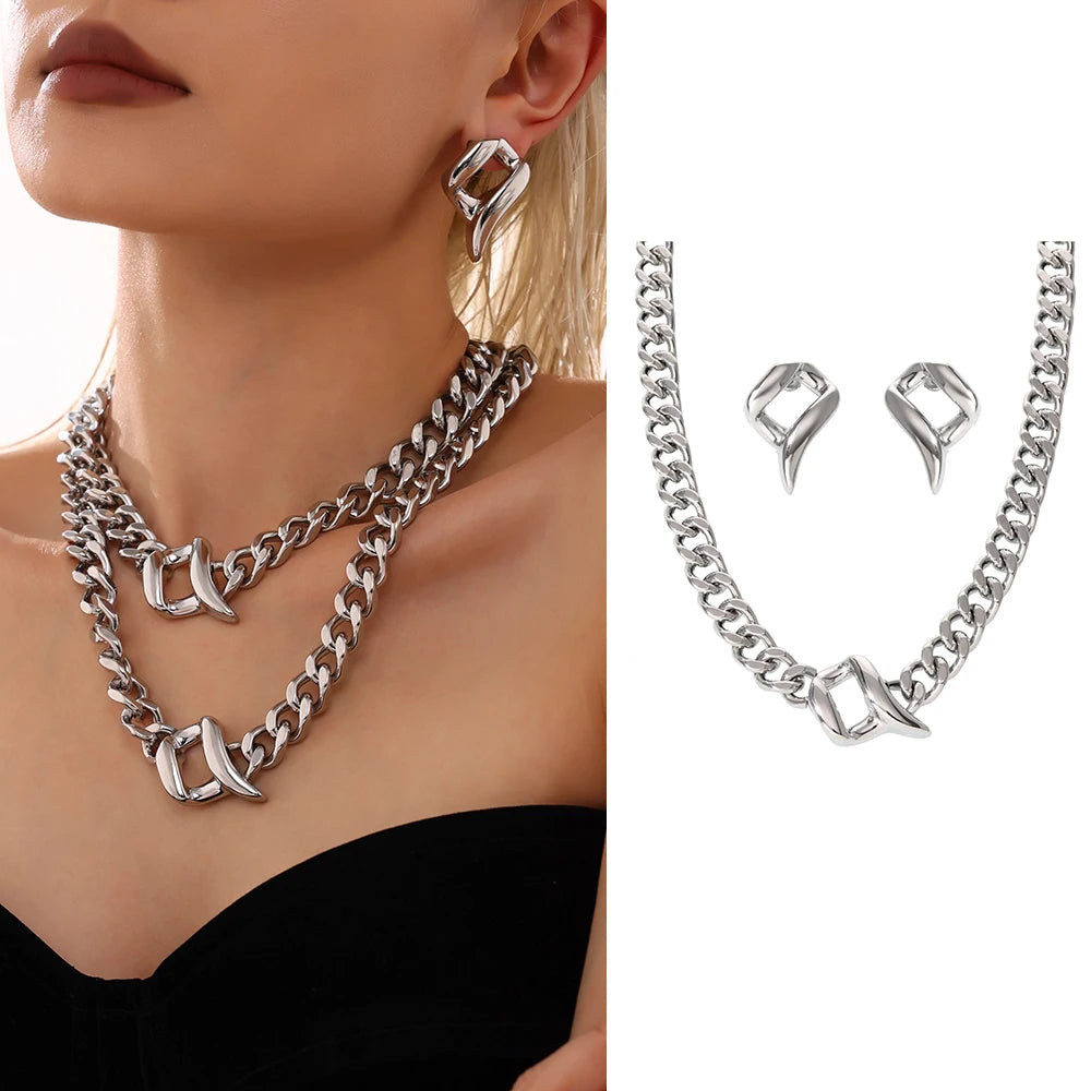 Women's Bold Link Stainless Steel Set - Stud Earrings + Necklace