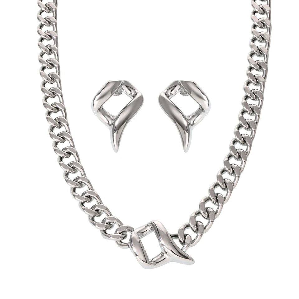 Women's Bold Link Stainless Steel Set - Stud Earrings + Necklace