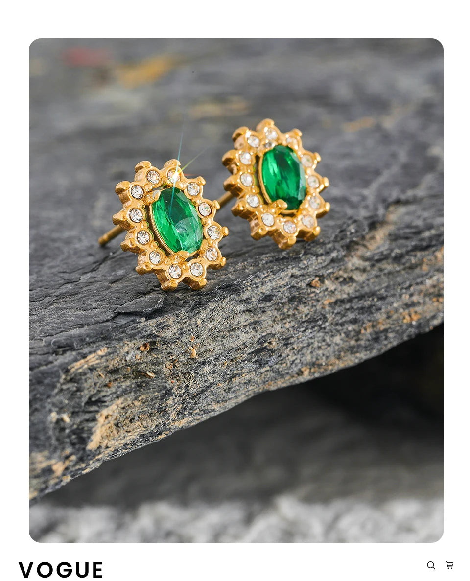 Mixed Cuts Stud Earrings - Gold Plated - With Green Cubic Zirconia